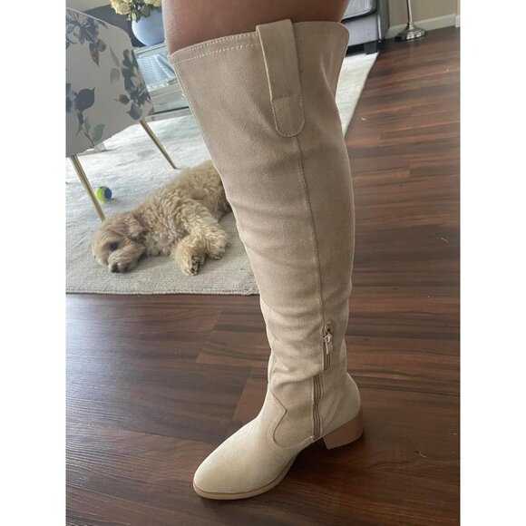 🆕Women's Beige Faux Suede Over The Knee Thigh High Chunky Heel Pointed Toe Boot - Picture 2 of 13